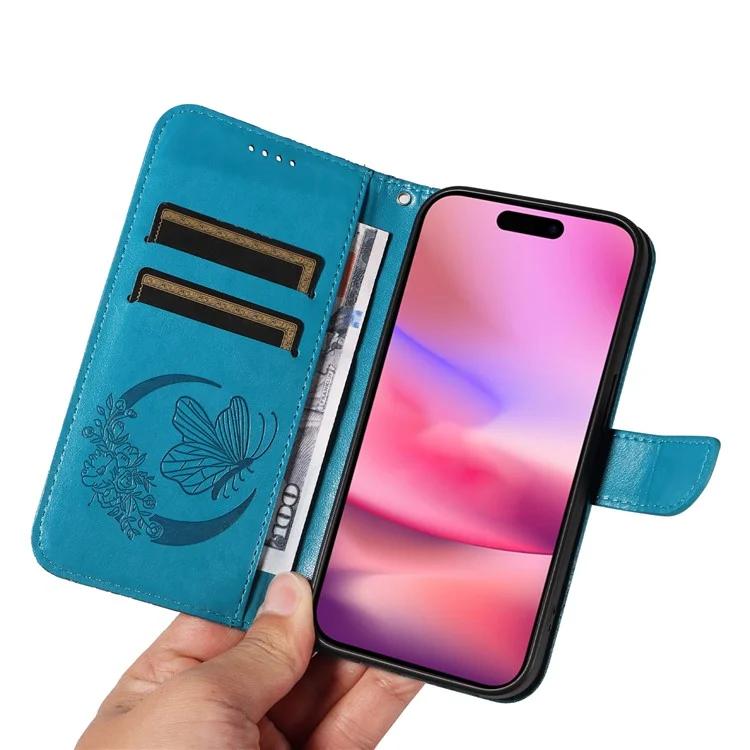 For iPhone 16 Case Butterfly Imprint Leather Folio Flip Cover - Blue