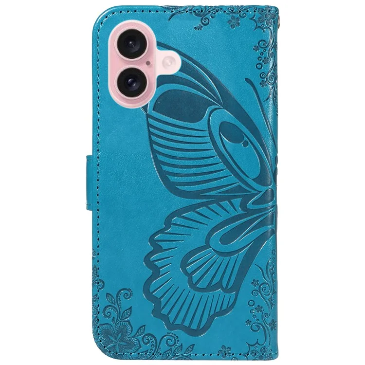 For iPhone 16 Case Butterfly Imprint Leather Folio Flip Cover - Blue