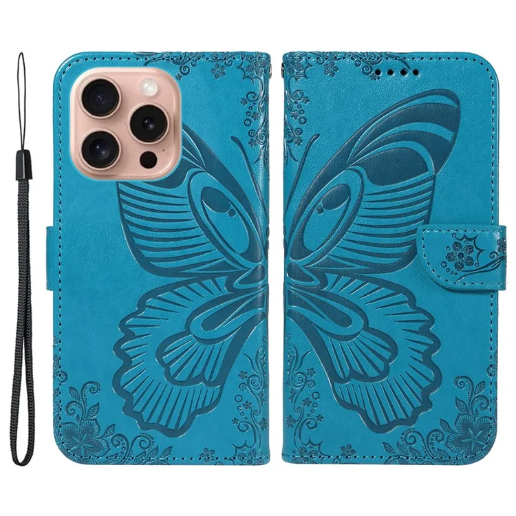 Für iPhone 16 Pro Case Schmetterling geprägtes Leder Wallet Phone Folio Cover - Blau