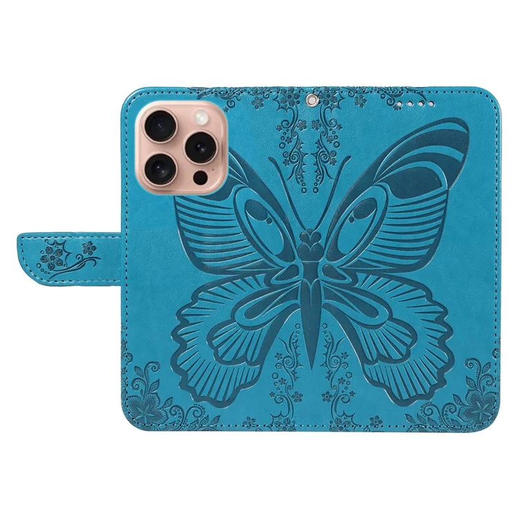 Für iPhone 16 Pro Case Schmetterling geprägtes Leder Wallet Phone Folio Cover - Blau