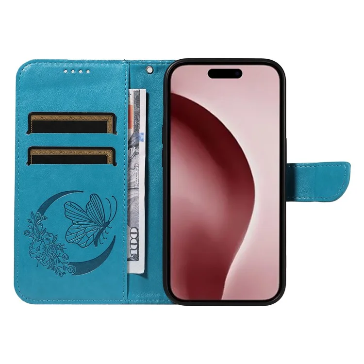 Für iPhone 16 Pro Case Schmetterling geprägtes Leder Wallet Phone Folio Cover - Blau
