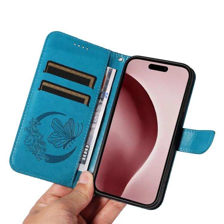 Für iPhone 16 Pro Case Schmetterling geprägtes Leder Wallet Phone Folio Cover - Blau