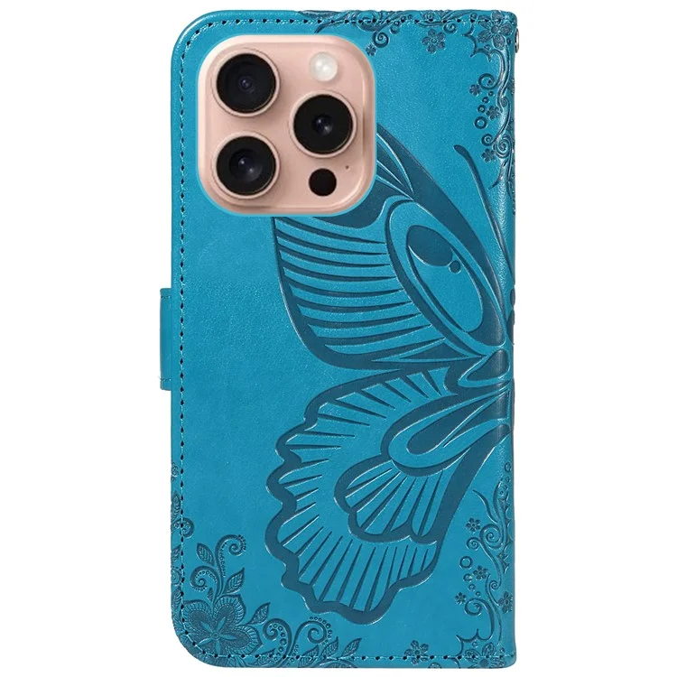 Für iPhone 16 Pro Case Schmetterling geprägtes Leder Wallet Phone Folio Cover - Blau