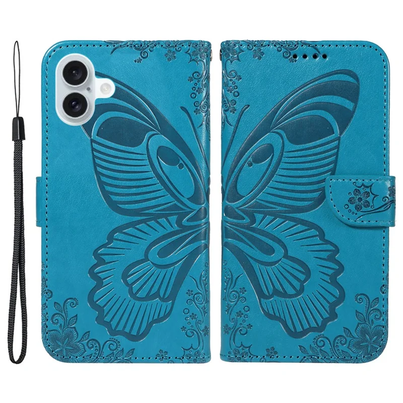 For iPhone 16 Plus Leather Case Butterfly Pattern Wallet Card Slots Phone Cover - Blue