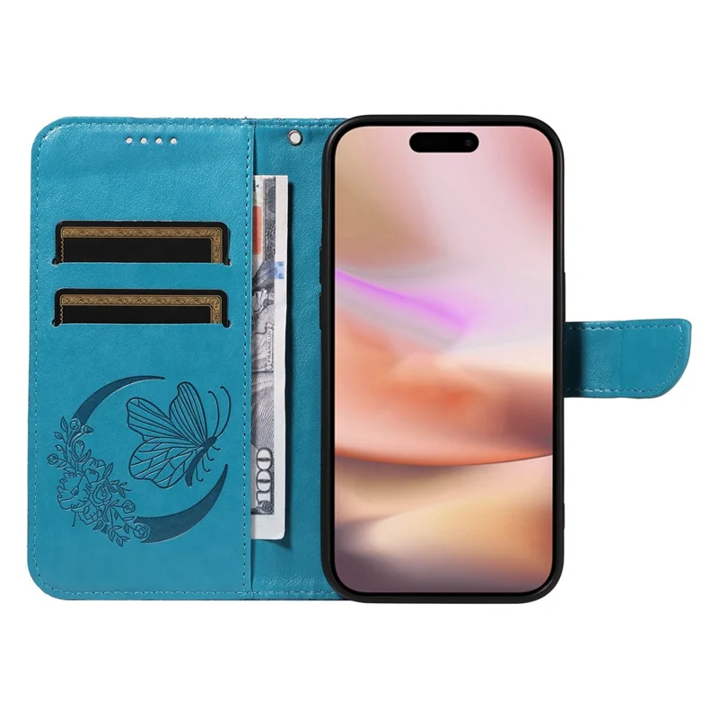 For iPhone 16 Plus Leather Case Butterfly Pattern Wallet Card Slots Phone Cover - Blue