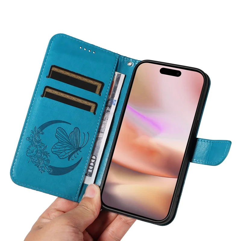 For iPhone 16 Plus Leather Case Butterfly Pattern Wallet Card Slots Phone Cover - Blue