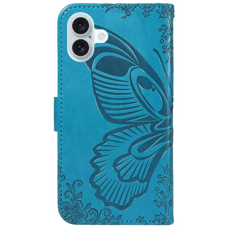 For iPhone 16 Plus Leather Case Butterfly Pattern Wallet Card Slots Phone Cover - Blue