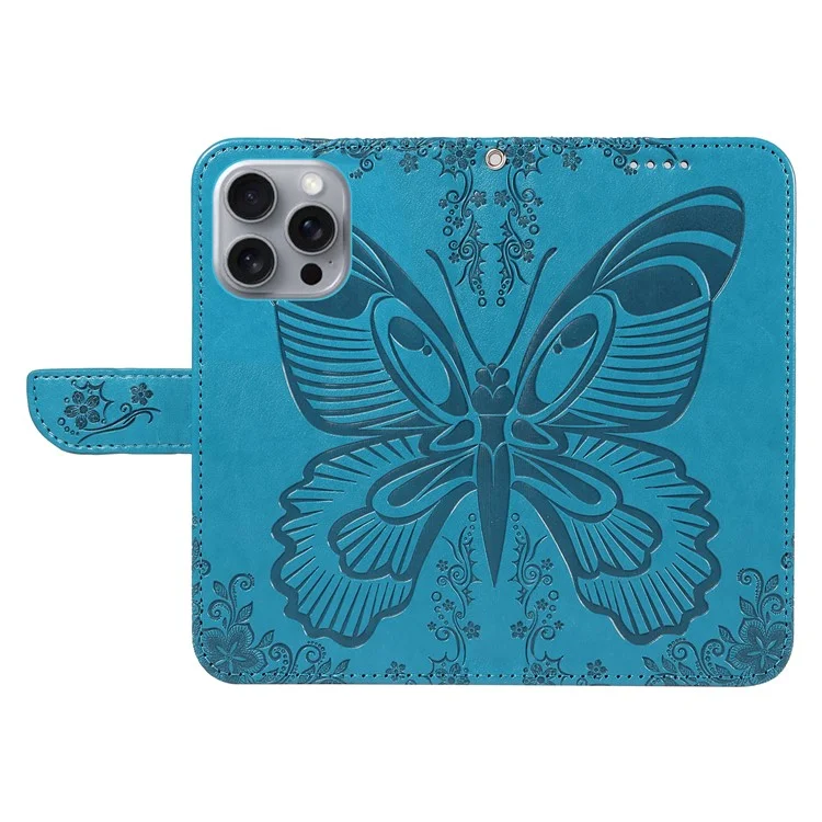 Para iPhone 16 Pro Max Case Butterfly Imprint Anti-Shock Leather Phone Cover - Azul