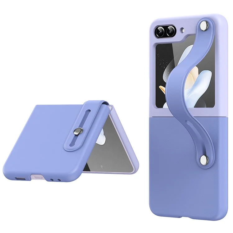 Para Samsung Galaxy Z Flip6 5G / Z Flip5 5G PU+PC Case Dual Color Hand Strap Kickstand Phone Cover - Azul Céu / Roxo Claro