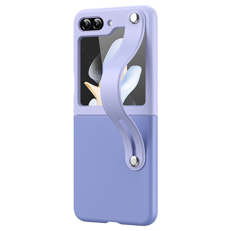 Para Samsung Galaxy Z Flip6 5G / Z Flip5 5G PU+PC Case Dual Color Hand Strap Kickstand Phone Cover - Azul Céu / Roxo Claro