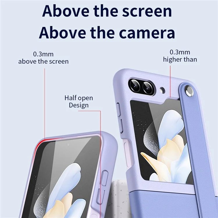 Para Samsung Galaxy Z Flip6 5G / Z Flip5 5G PU+PC Case Dual Color Hand Strap Kickstand Phone Cover - Azul Céu / Roxo Claro