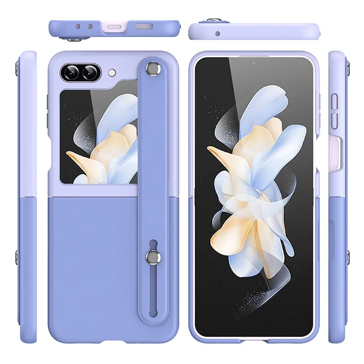 Para Samsung Galaxy Z Flip6 5G / Z Flip5 5G PU+PC Case Dual Color Hand Strap Kickstand Phone Cover - Azul Céu / Roxo Claro