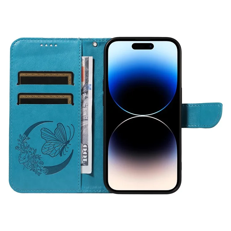 Für iPhone 14 Pro Stand Case Butterfly Imprint Leder Brieftasche Phone Cover - Blau