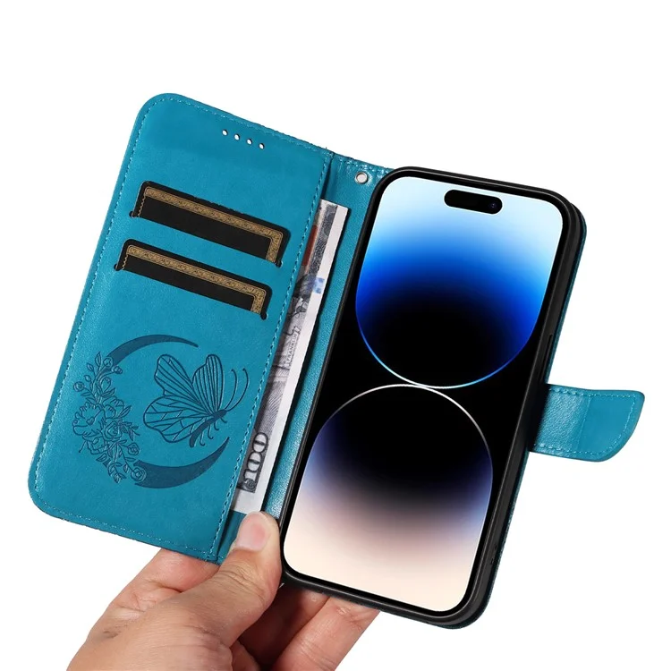 Für iPhone 14 Pro Stand Case Butterfly Imprint Leder Brieftasche Phone Cover - Blau