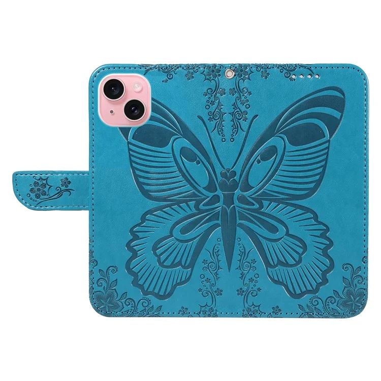 For iPhone 15 Case Leather Wallet Flip Phone Cover Butterfly Pattern - Blue