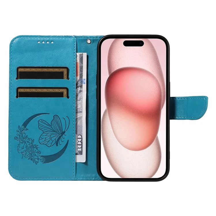For iPhone 15 Case Leather Wallet Flip Phone Cover Butterfly Pattern - Blue