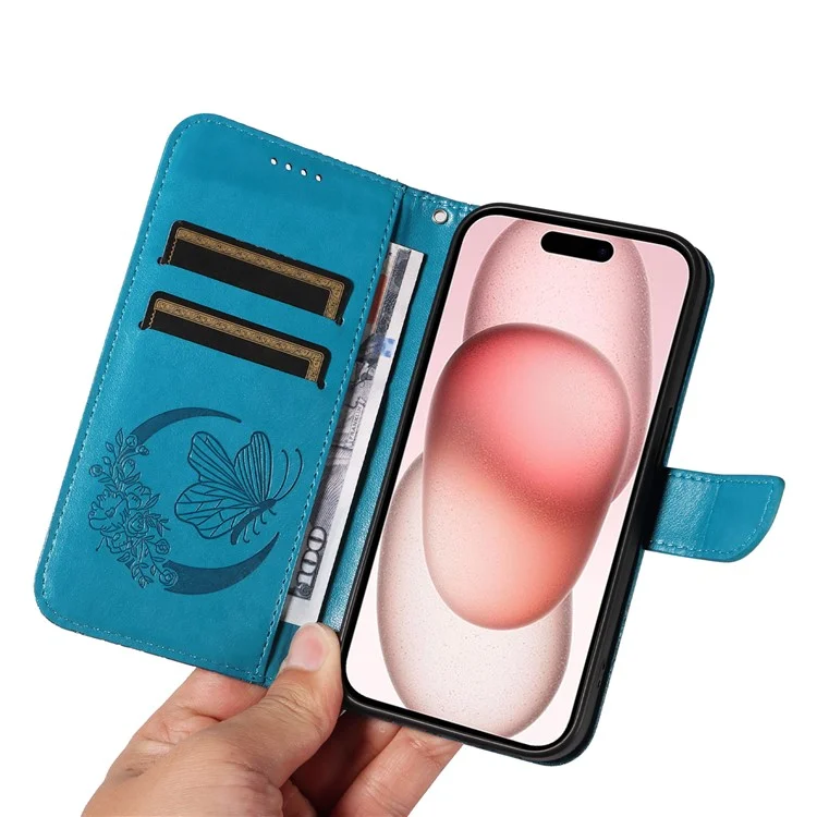 For iPhone 15 Case Leather Wallet Flip Phone Cover Butterfly Pattern - Blue