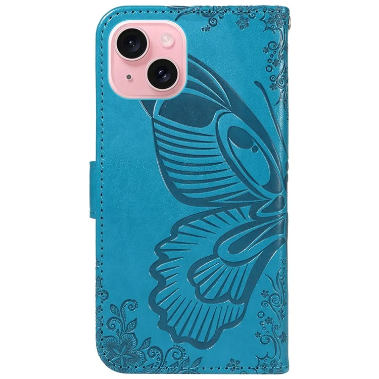 For iPhone 15 Case Leather Wallet Flip Phone Cover Butterfly Pattern - Blue