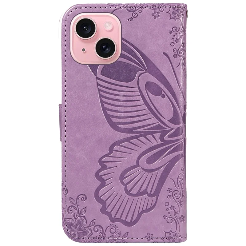 For iPhone 15 Case Leather Wallet Flip Phone Cover Butterfly Pattern - Light Purple