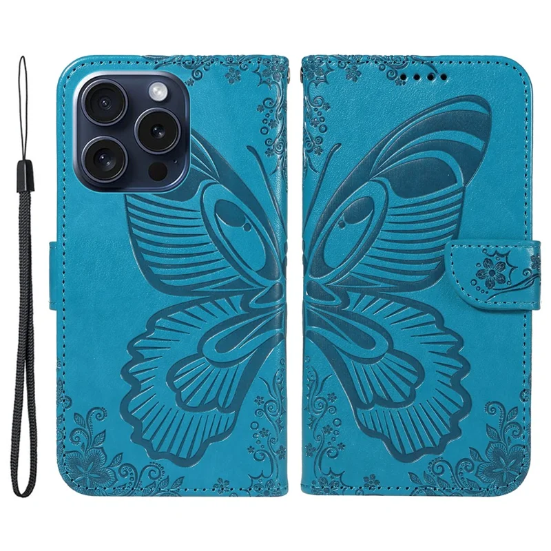 Für iPhone 15 Pro Wallet Case Butterfly Imprint Leather Phone Cover mit Ständer - Blau