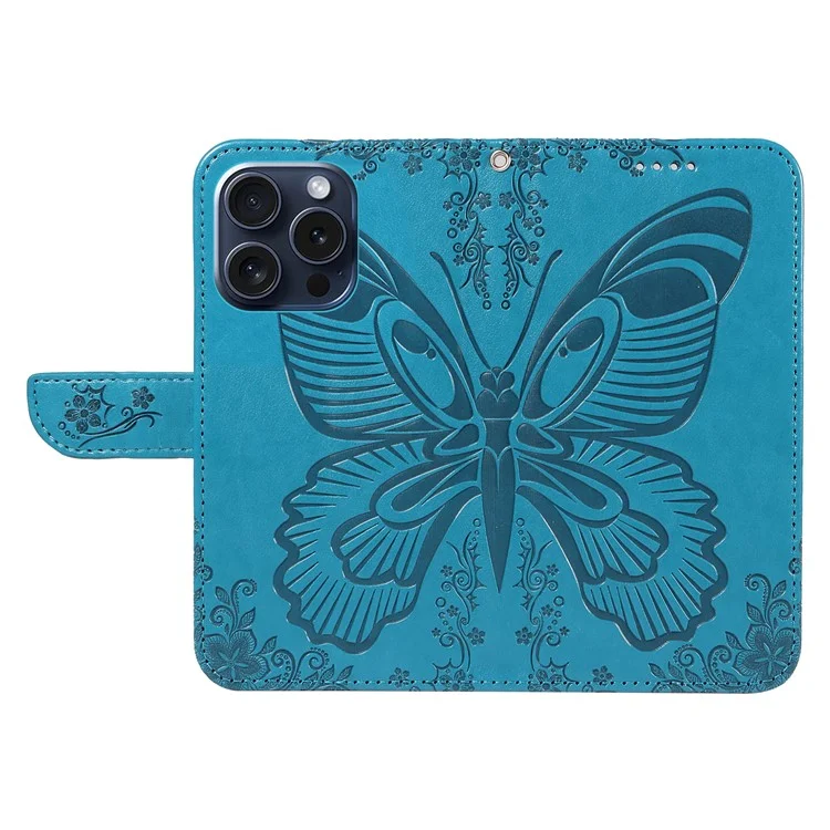 Für iPhone 15 Pro Wallet Case Butterfly Imprint Leather Phone Cover mit Ständer - Blau