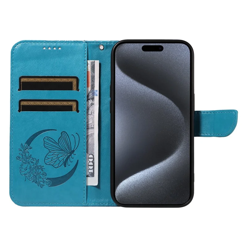 Für iPhone 15 Pro Wallet Case Butterfly Imprint Leather Phone Cover mit Ständer - Blau