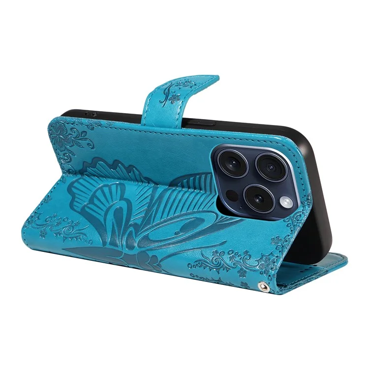 Für iPhone 15 Pro Wallet Case Butterfly Imprint Leather Phone Cover mit Ständer - Blau