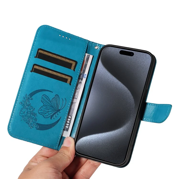 Für iPhone 15 Pro Wallet Case Butterfly Imprint Leather Phone Cover mit Ständer - Blau
