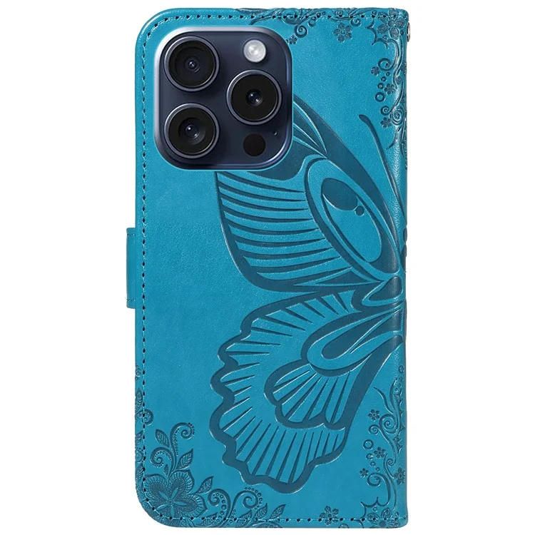 Für iPhone 15 Pro Wallet Case Butterfly Imprint Leather Phone Cover mit Ständer - Blau