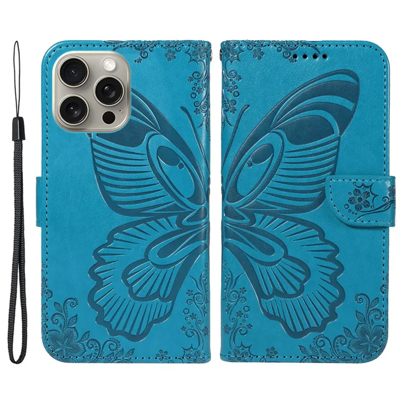 For iPhone 15 Pro Max Case Leather Card Holder Folding Stand Phone Cover Imprinted Butterfly - Blue