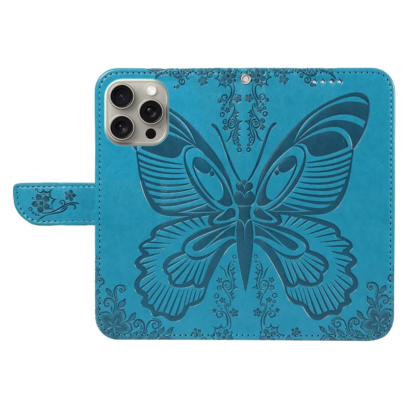 For iPhone 15 Pro Max Case Leather Card Holder Folding Stand Phone Cover Imprinted Butterfly - Blue