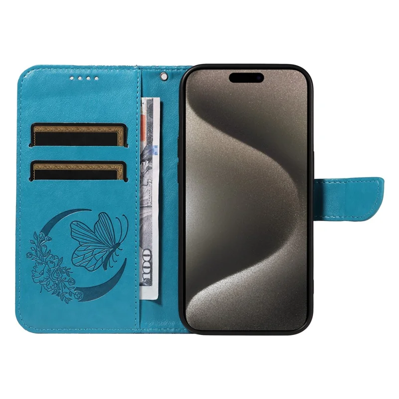 For iPhone 15 Pro Max Case Leather Card Holder Folding Stand Phone Cover Imprinted Butterfly - Blue