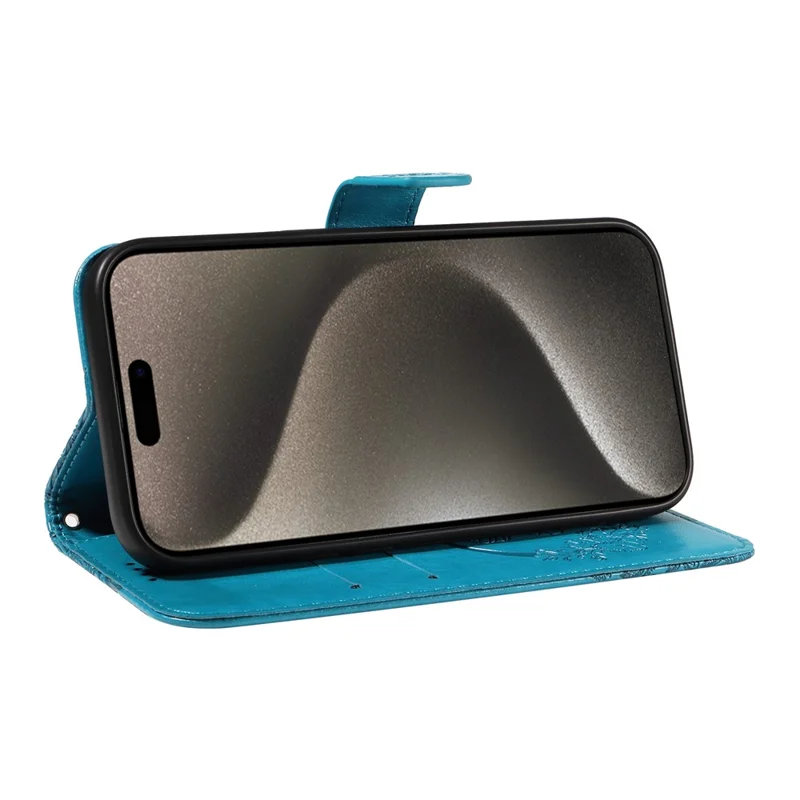 For iPhone 15 Pro Max Case Leather Card Holder Folding Stand Phone Cover Imprinted Butterfly - Blue