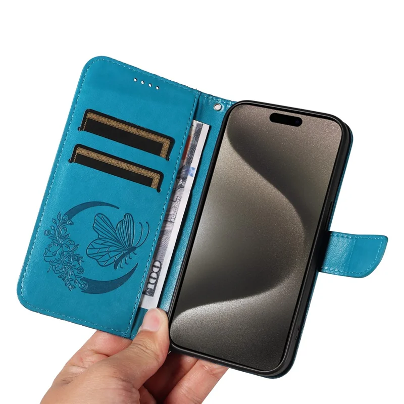 For iPhone 15 Pro Max Case Leather Card Holder Folding Stand Phone Cover Imprinted Butterfly - Blue