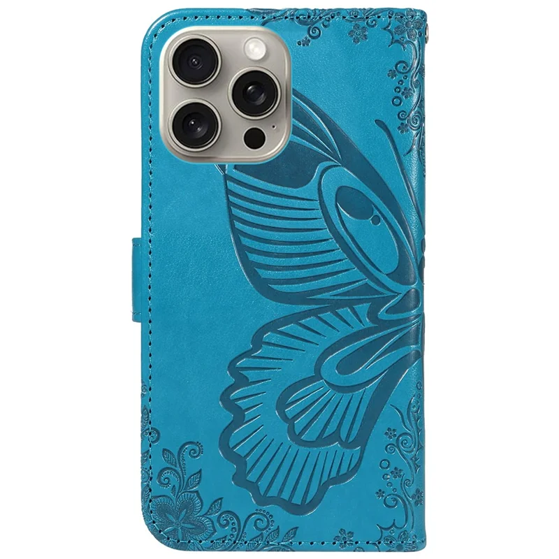 For iPhone 15 Pro Max Case Leather Card Holder Folding Stand Phone Cover Imprinted Butterfly - Blue