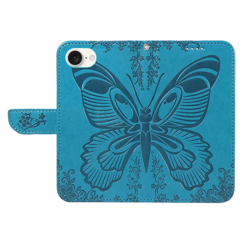 For iPhone 16e Case with Hand Strap Butterfly PU Leather Wallet Phone Cover - Blue