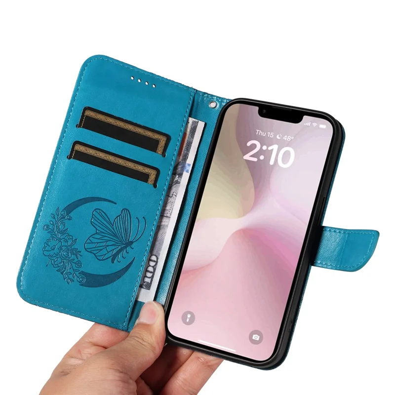 For iPhone 16e Case with Hand Strap Butterfly PU Leather Wallet Phone Cover - Blue