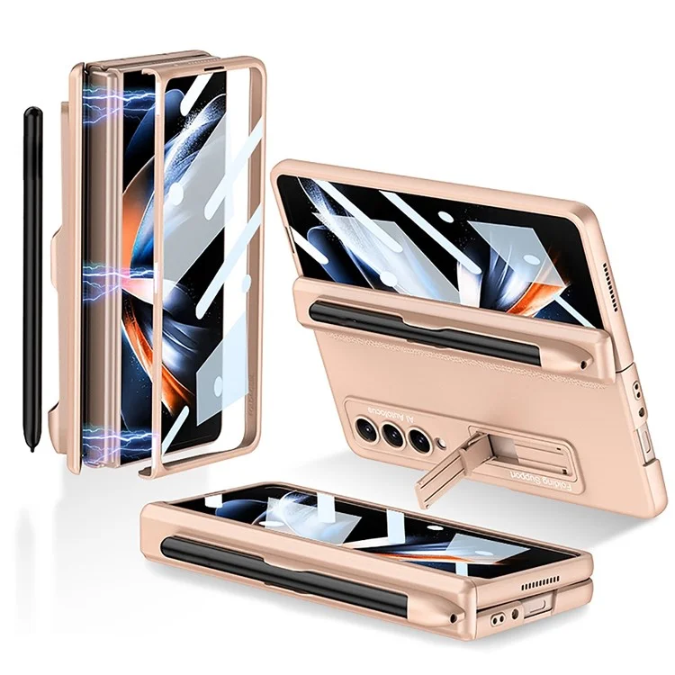 GKK Para Samsung Galaxy Z Fold4 5G Case de Teléfono Plegable Case de Absorción Magnética Bisagra de Patada Cubierta de Teléfono Anti-drop Con Ranura Para Lápiz - Oro Rosa