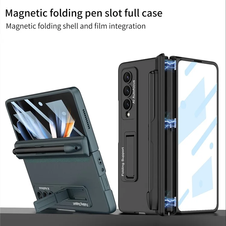 GKK Para Samsung Galaxy Z Fold4 5G Case de Teléfono Plegable Case de Absorción Magnética Bisagra de Patada Cubierta de Teléfono Anti-drop Con Ranura Para Lápiz - Oro Rosa
