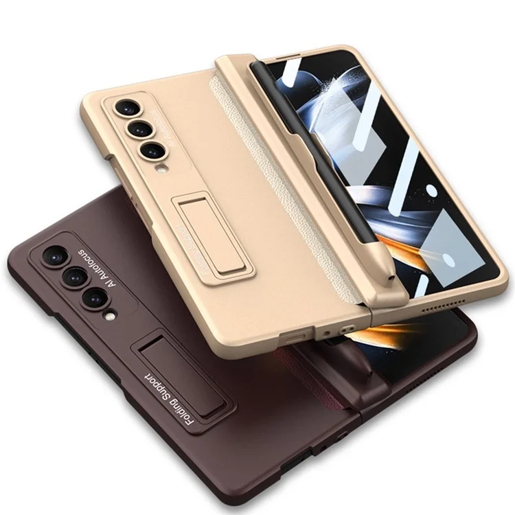 GKK Para Samsung Galaxy Z Fold4 5G Case de Teléfono Plegable Case de Absorción Magnética Bisagra de Patada Cubierta de Teléfono Anti-drop Con Ranura Para Lápiz - Oro Rosa