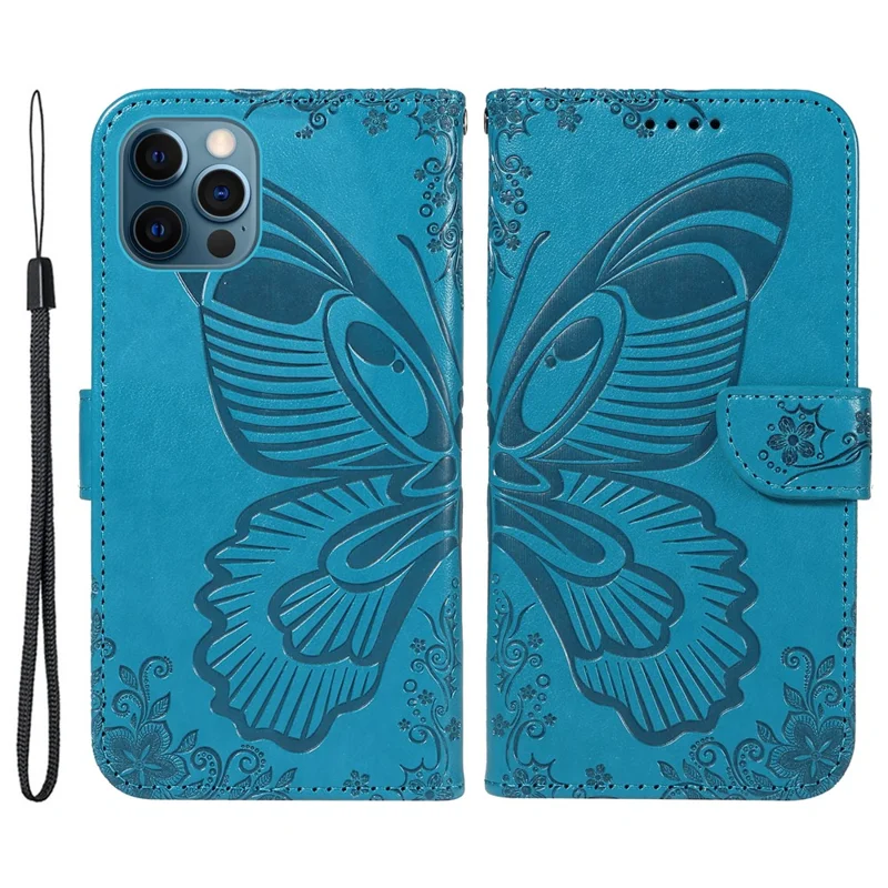 For iPhone 13 Pro Leather Case Butterfly Imprinted Stand Wallet Phone Cover - Blue