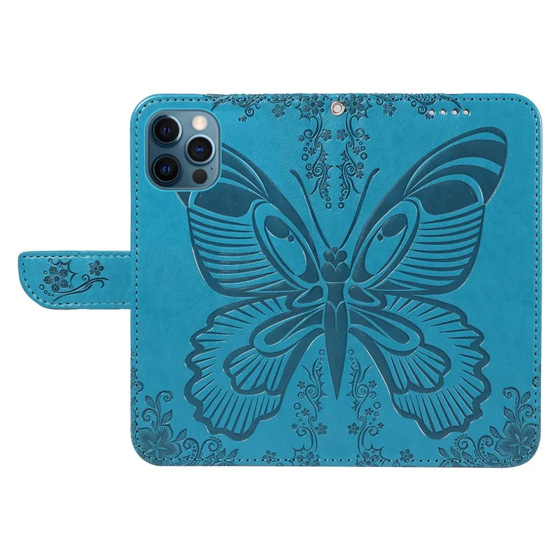For iPhone 13 Pro Leather Case Butterfly Imprinted Stand Wallet Phone Cover - Blue