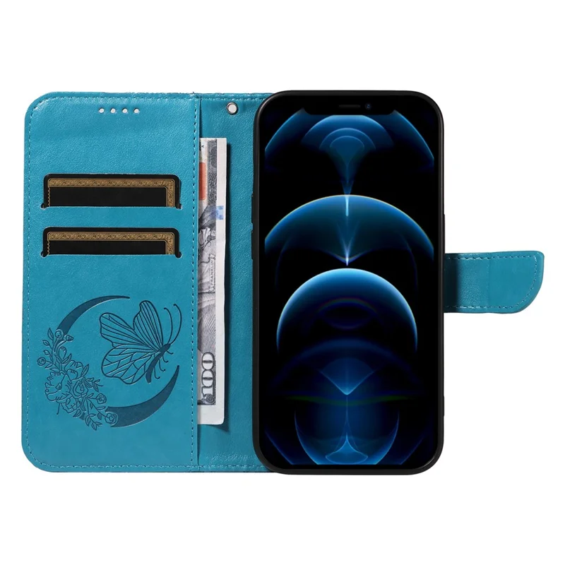 For iPhone 13 Pro Leather Case Butterfly Imprinted Stand Wallet Phone Cover - Blue