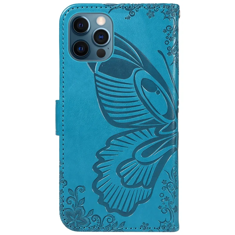 For iPhone 13 Pro Leather Case Butterfly Imprinted Stand Wallet Phone Cover - Blue