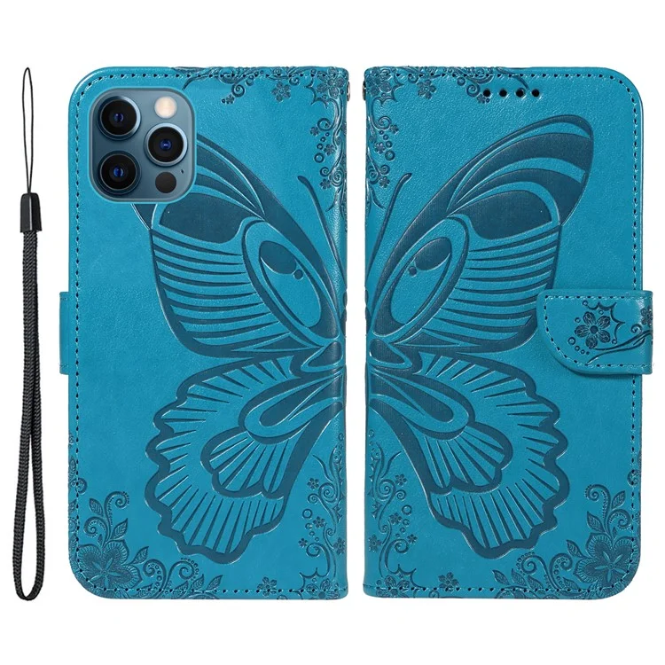 Für iPhone 13 Pro Max Stand Case Butterfly Prägung Leder Handyhülle mit Geldbörse - Blau