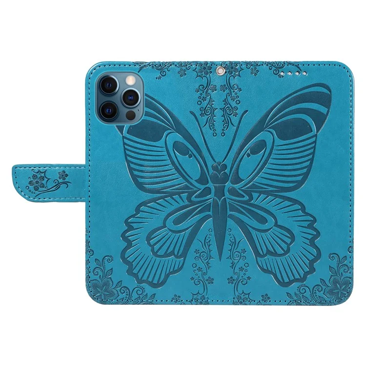 Für iPhone 13 Pro Max Stand Case Butterfly Prägung Leder Handyhülle mit Geldbörse - Blau