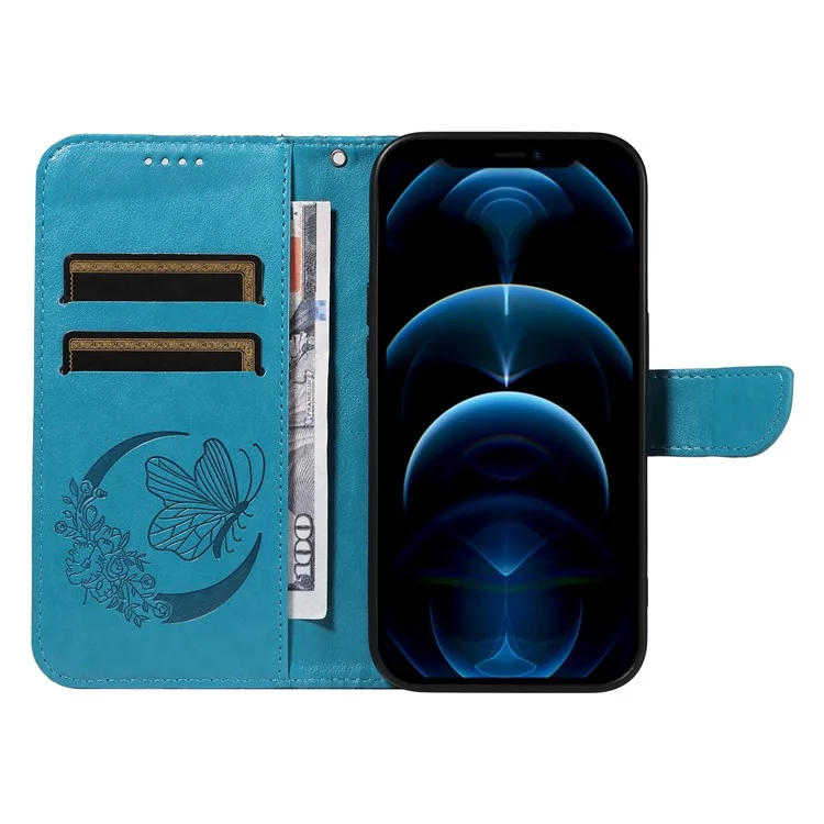Für iPhone 13 Pro Max Stand Case Butterfly Prägung Leder Handyhülle mit Geldbörse - Blau