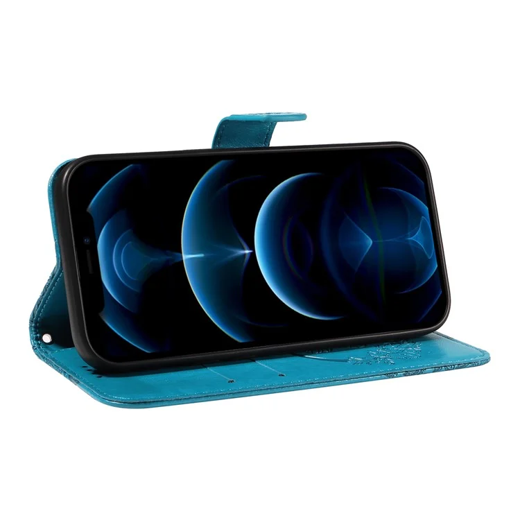Für iPhone 13 Pro Max Stand Case Butterfly Prägung Leder Handyhülle mit Geldbörse - Blau