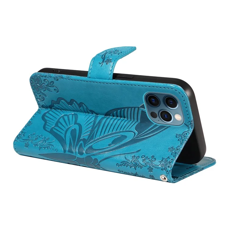 Für iPhone 13 Pro Max Stand Case Butterfly Prägung Leder Handyhülle mit Geldbörse - Blau
