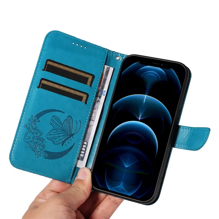 Für iPhone 13 Pro Max Stand Case Butterfly Prägung Leder Handyhülle mit Geldbörse - Blau